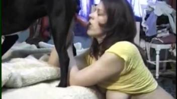 Girl demonstrates bestie how she gives blowjob to dog