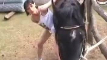 Close view with brunette wife taking on huge horse cock