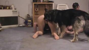 Attractive blonde MILF engages in a threesome with her spouse and the dog