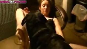 Horny brunette getting banged by a dog in a dimly-lit room