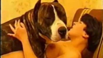 Aroused canine thrusts its massive cock into a dark-haired woman's snatch