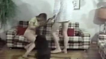 Vintage animal intercourse concludes with heterosexual coupling on a sofa