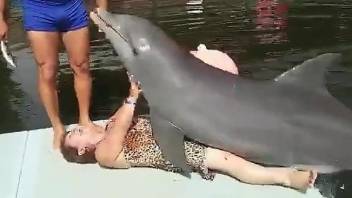 Dolphin dry-humping a curly-haired mature lady