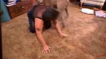 Mom in leather trousers gets pounded by a muscular hound