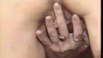 Intimate close-up feature starring a sexy mature woman in crimson underwear alongside her canine pet