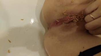 Larvae getting stuffed into a tasty bestiality lover's vagina