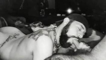 Homosexual zoophilia encounter featuring two lustful bear men and a canine