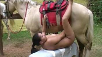 Fat Latina with a ponytail takes a horse's fat cock